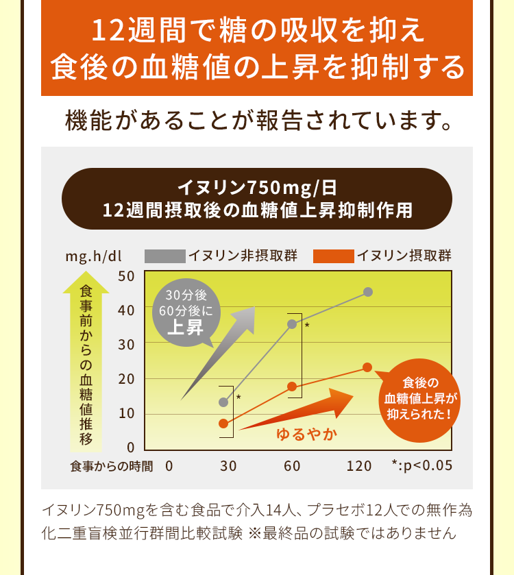 12週間で糖の吸収を抑え
          食後の血糖値の上昇を抑制する